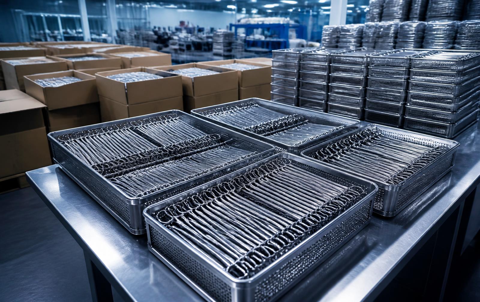 Trays of finished stainless steel forceps prepared for packaging and export